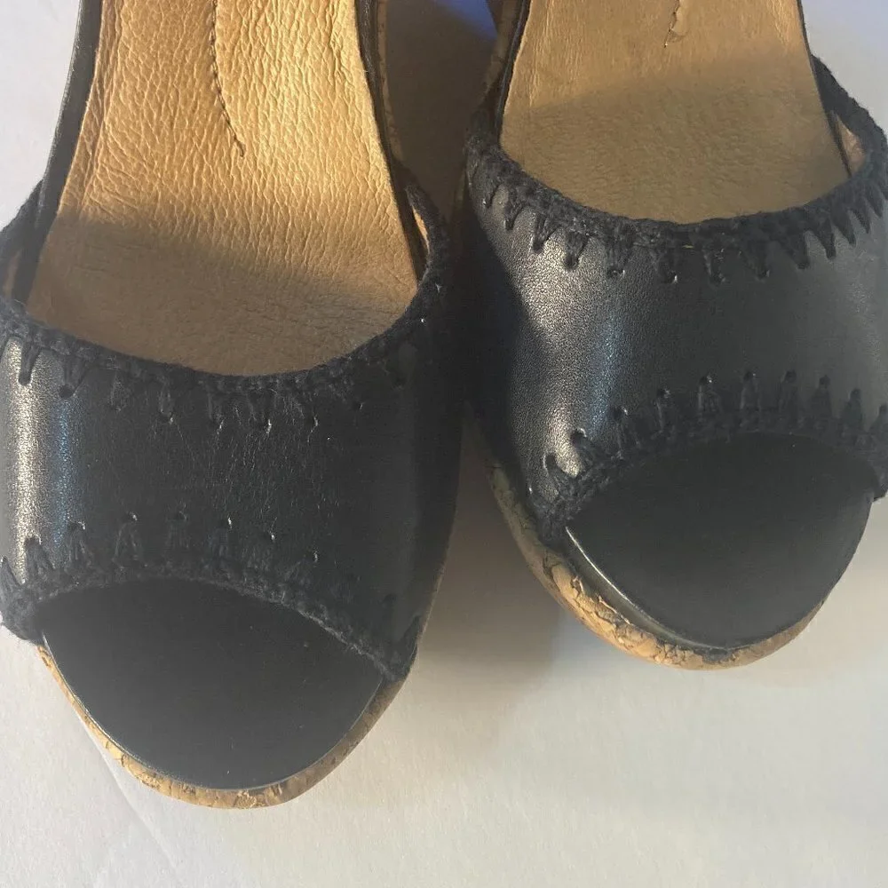 Nurture by Lamaze SZ 9.5 Tango Black leather peep toe cork wedge sandals